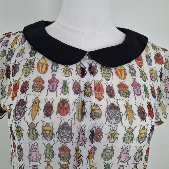 Zara Sheer Beetle Bug Peter Pan Collar Shortsleeve Blouse - Picture 3 of 10